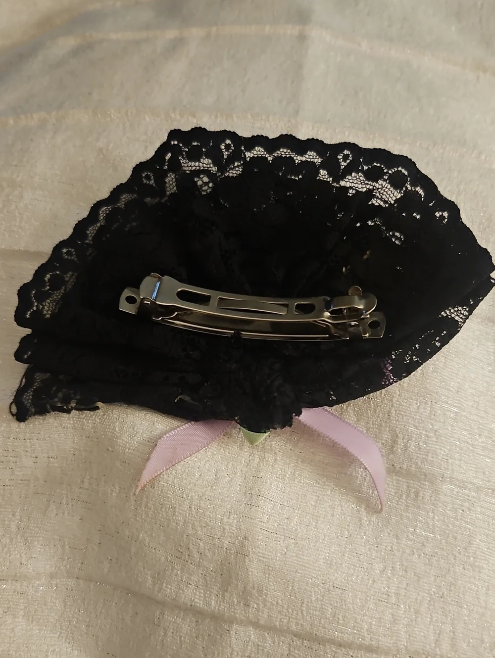 Vintage Fan Shape Black Lace Hair Barrette with Lavender Rose Accent
